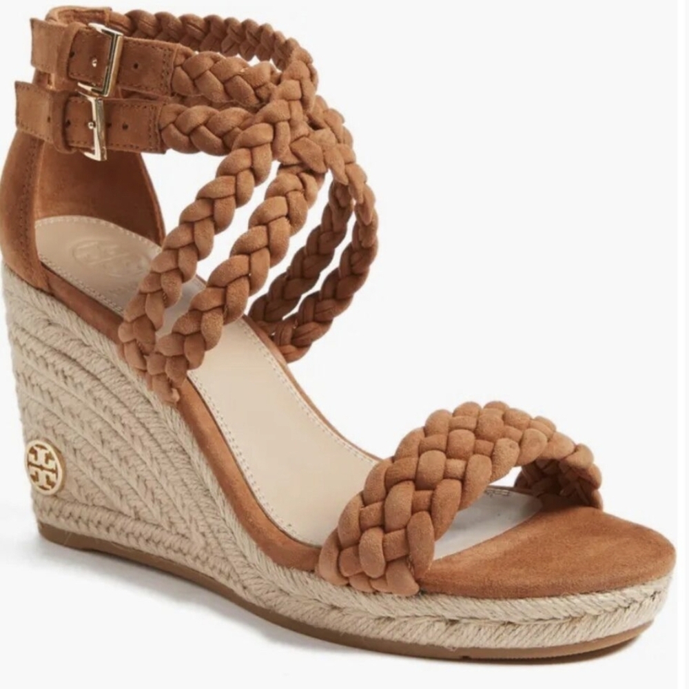 NWOB TORY BURCH camel braided strap wedge sandals